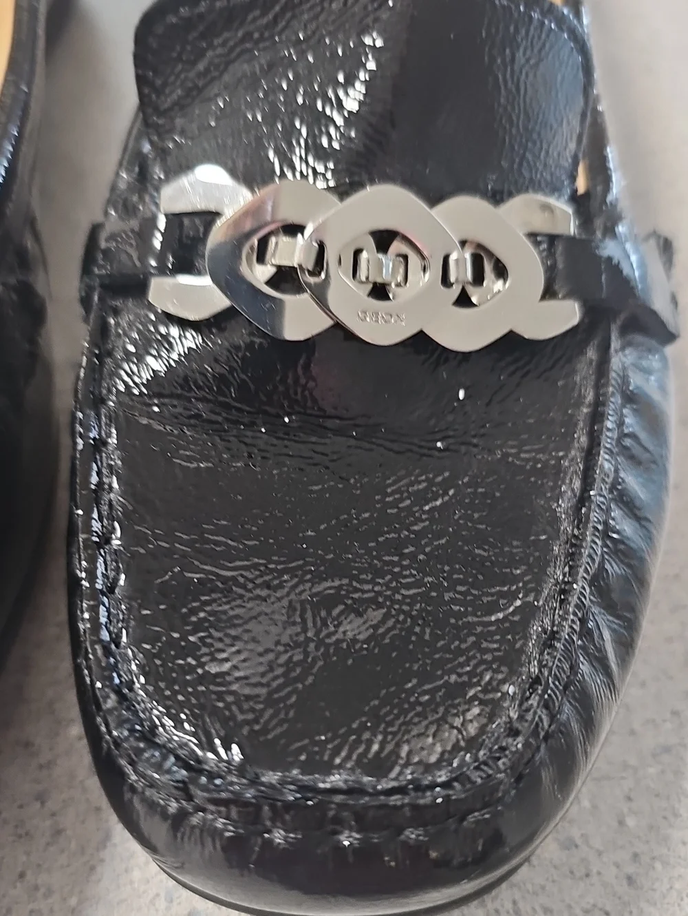 Geox Black Patent Leather Loafers with Silver Chain Accent. Like New Size‎ 39-8